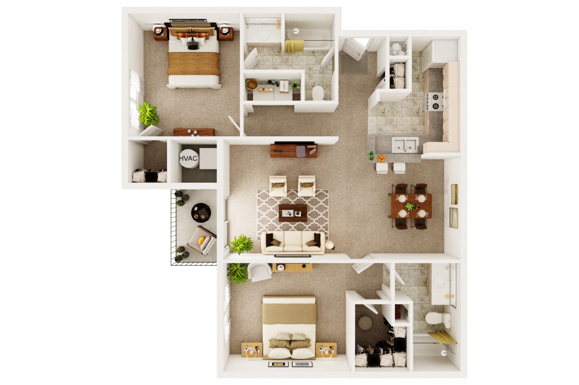 Floor plan for 2 beds, 2 baths, 1050 sqft